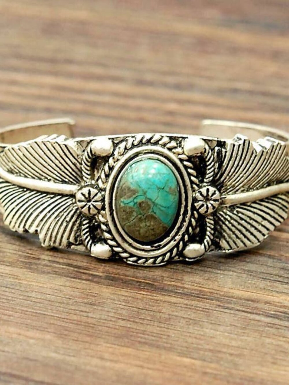 Turquoise Feather Cuff Bracelet Western Boho Silver Tone Navajo Style